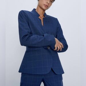 Zara Navy Plaid Collarless Blazer